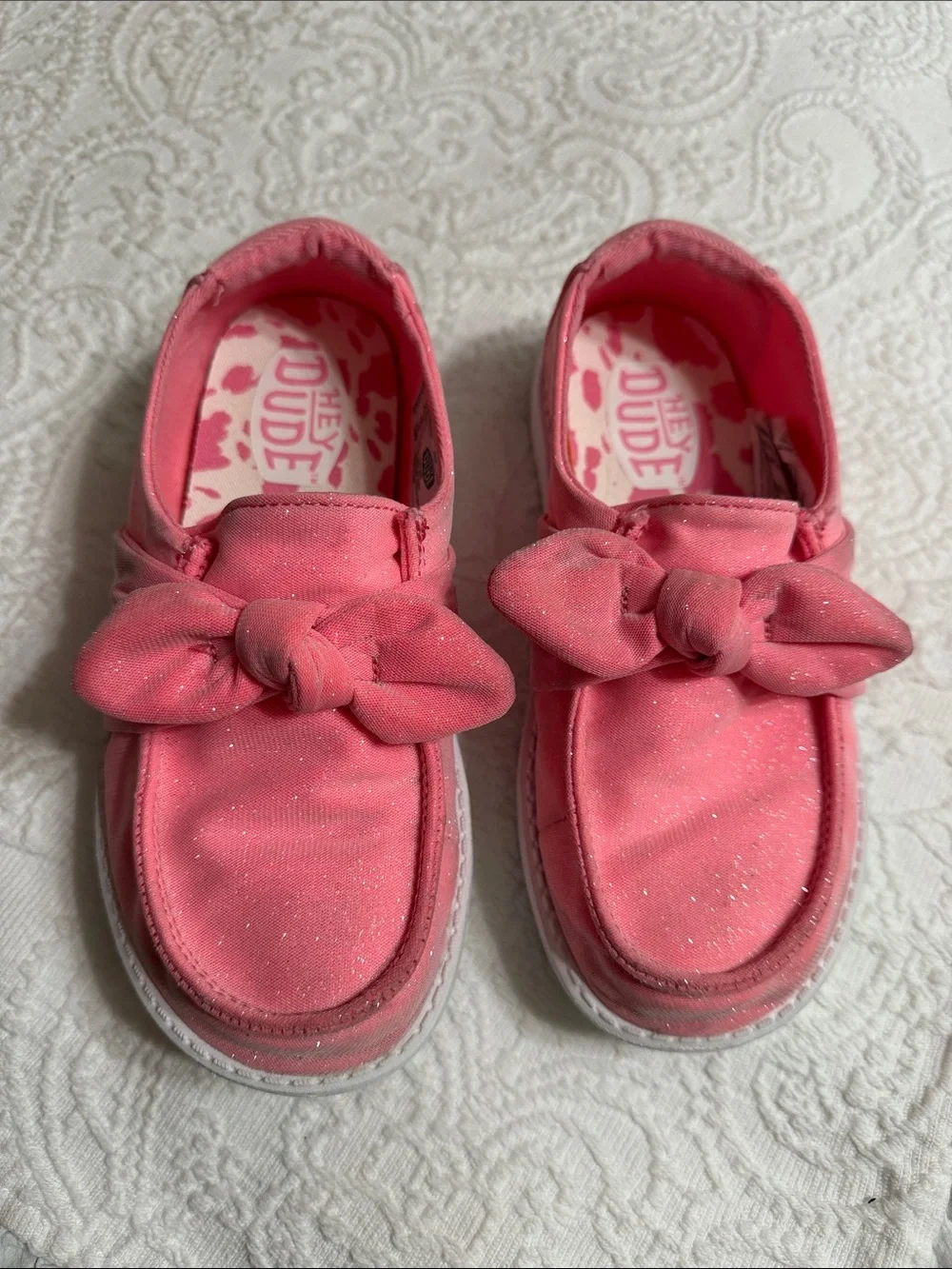 Hey Dude Girls Size 13C Stardust Pink Bow Slip-On Moccasins